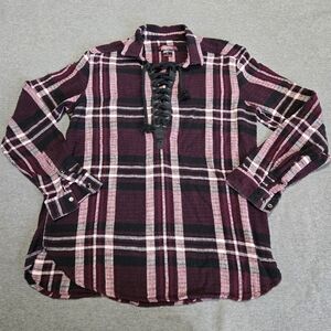 Rock & Roll Cowgirl Plaid Flannel Lace Up Top Womens Large Tunic Maroon Western